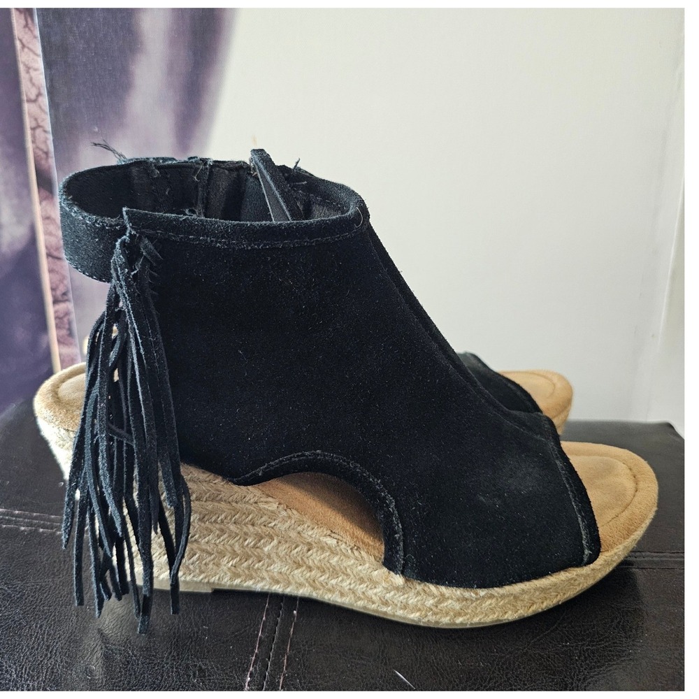 Minnetonka Black Suede Fringe Espadrille Wedge Sandals 71330 Womens 8